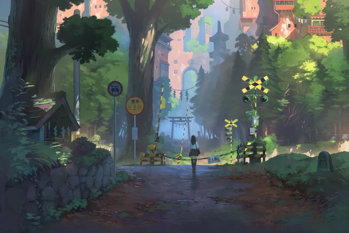 anime girl scenic nature fantasy world walking buildings 2k