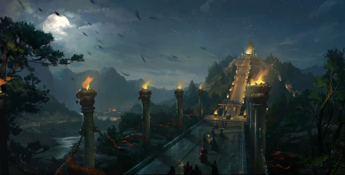 artwork temple Japan samurai fantasy art illustration 2k