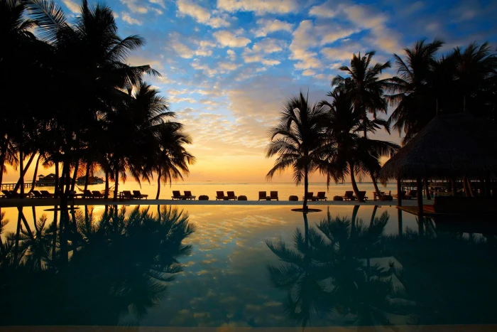 Beach Sunset over Pool coconut trees replection ocean sand 2k