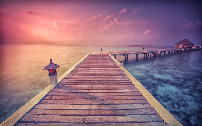 beach water bridge house lights sunlight evening 2k