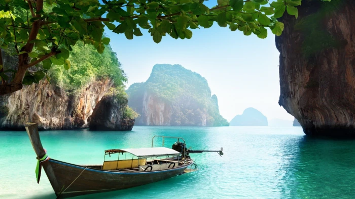 black and gray boat Thailand sea water island ship trees 2k