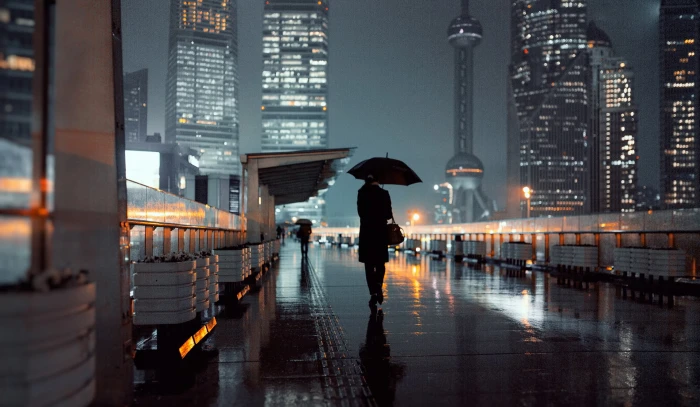 black umbrella person holding walking on street during nightime 2k