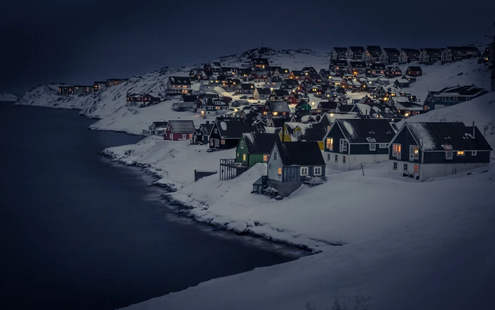 black wooden houses winter snow sea landscape lights night 2k
