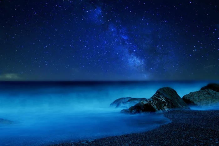 blue body of water sea the sky stars night fog milky way 2k