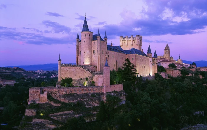 brown castle architecture nature landscape Spain hills trees 2k