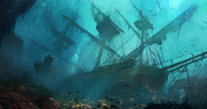 brown pirate ship artwork sinking ships drawing sea fantasy art 2k