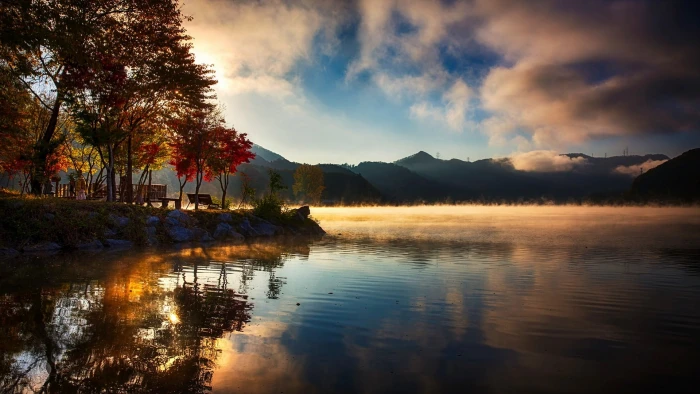 body of water nature landscape lake mountains reflection 2k