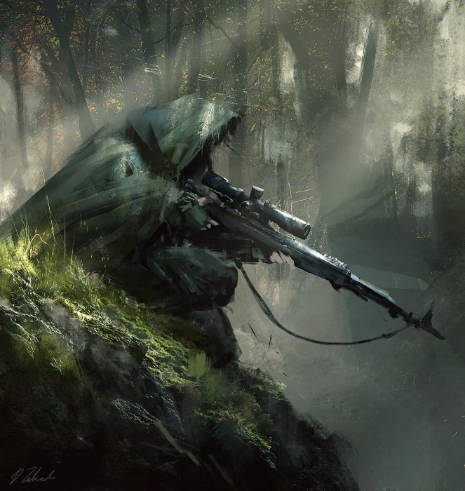 character wearing green hooded cape holding black rifle with scope digital wallpaper