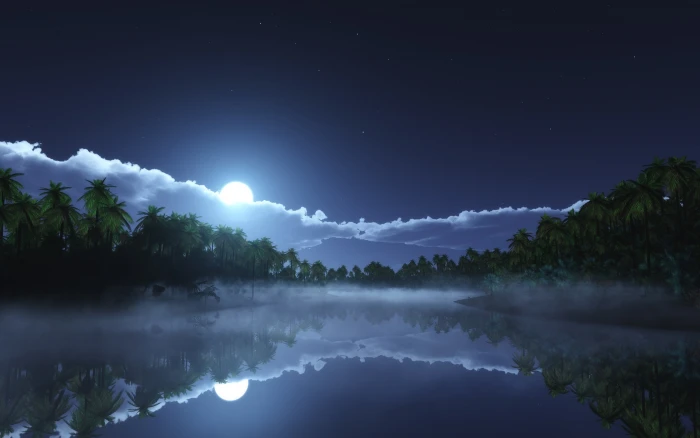 calm water under white clouds and full moon nature landscape 2k