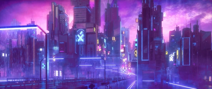 city animated digital wallpaper cyberpunk neon night building exterior 2k