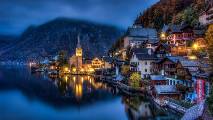 cityscape night hallstatt see lake chruch austria village 2k