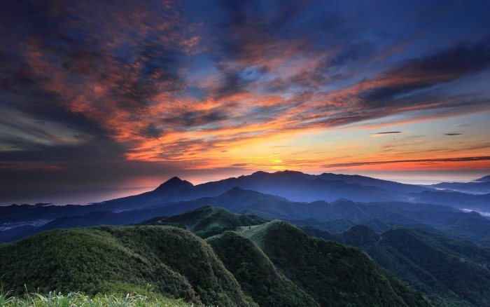 Evening sunset sky clouds hills forest grass beautiful scenery green mountains 2k