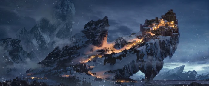 Fantasy City Landscape Mountain Night Snow Winter 2k