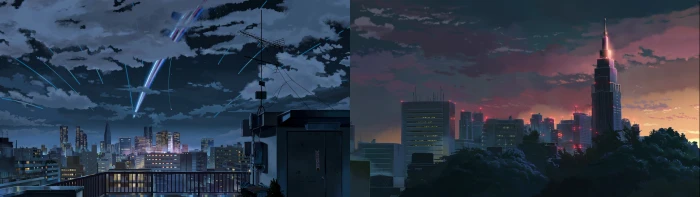 gray concrete buildings collage Kimi no Na Wa anime dual monitors 2k 4k
