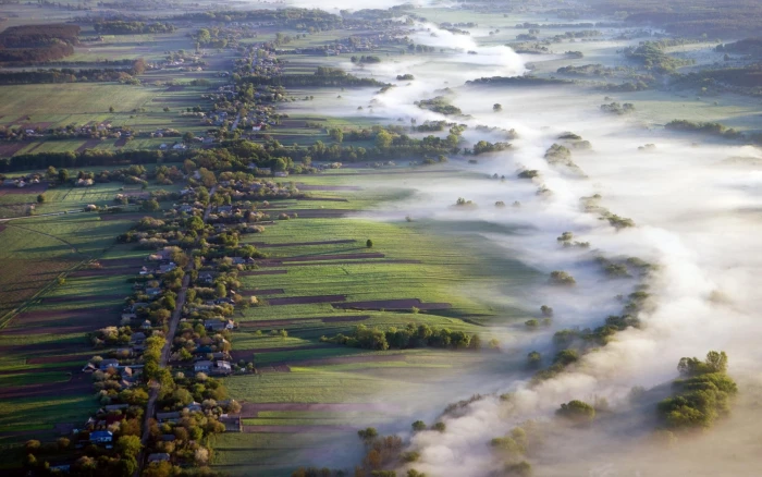 green grass field nature landscape aerial view mist villages 2k