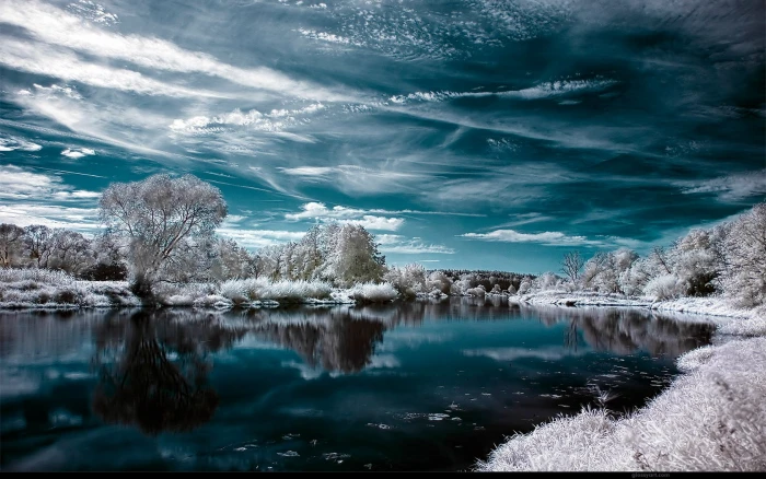 icy trees scenery landscape water winter lake infrared sky 2k