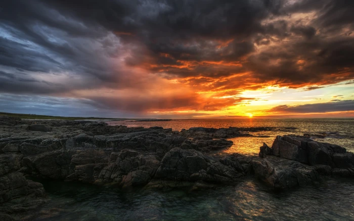 Ireland County Donegal sea beach rocks sunset clouds with 2k