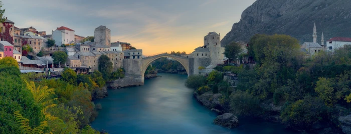 landscape nature river old bridge city mountains trees 2k