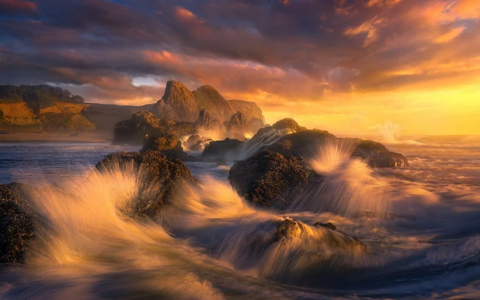 mist landscape nature sunset beach Oregon sea rock clouds 2k