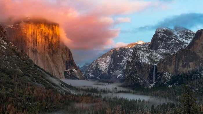 mountain range fog yosemite valley national park 2k