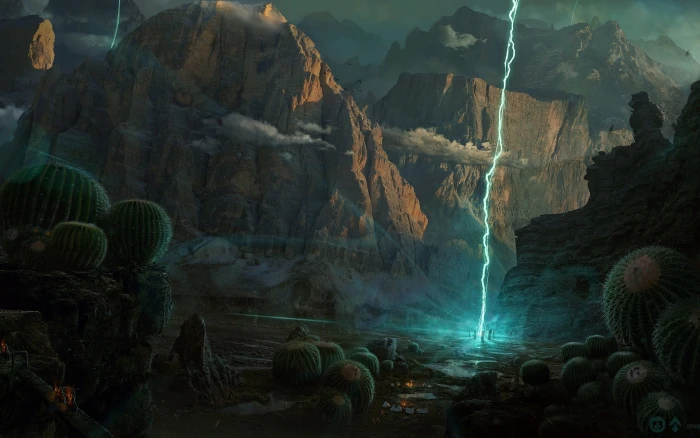 mountain with cactus digital wallpaper art artwork 2k