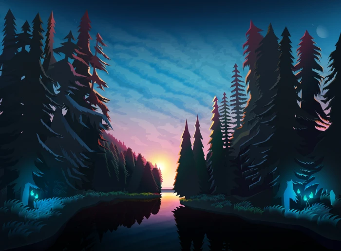 nature byrotek fantasy art colorful pine trees clouds 2k