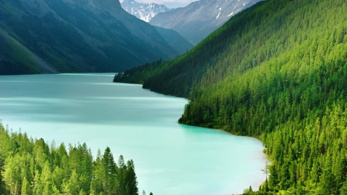 photograph of forest near body water landscape mountains 2k