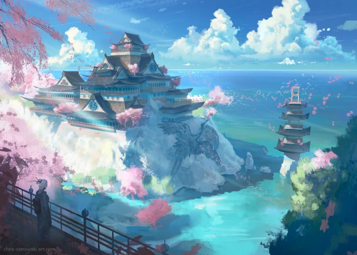 pink landscape Japan nature water fantasy city 2k