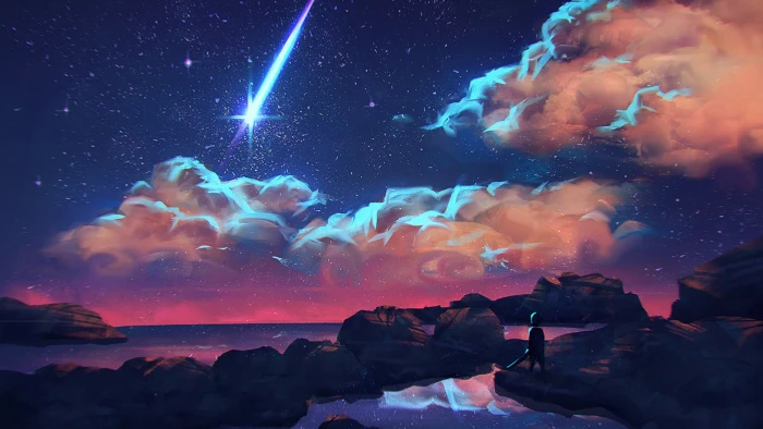 shooting star digital art painting clouds stars 2k