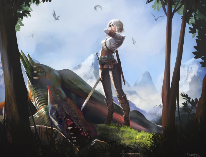 the witcher 3 wild hunt ciri white hair sword creature 2k