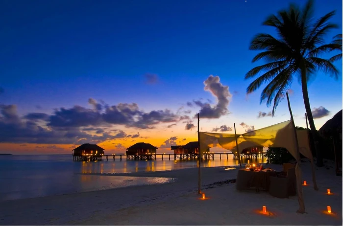 Tropical Beach Sunset Dining island orange romantic dine 2k