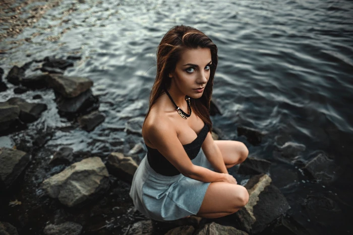 women's black tube top Damian Pi rko model auburn hair long 2k