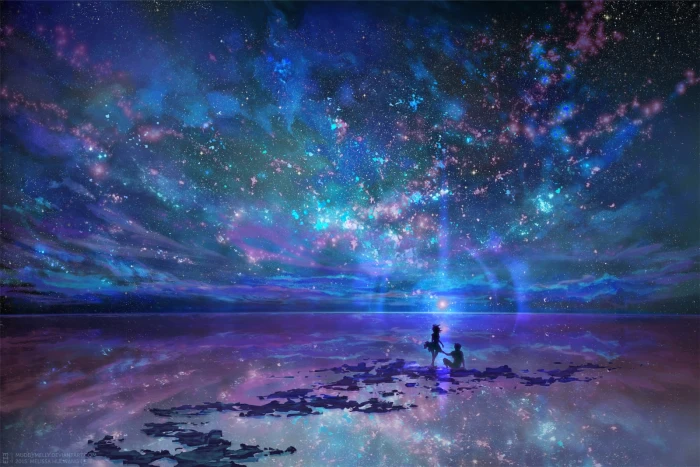 anime couple scenic stars night sky silhouette water 2k