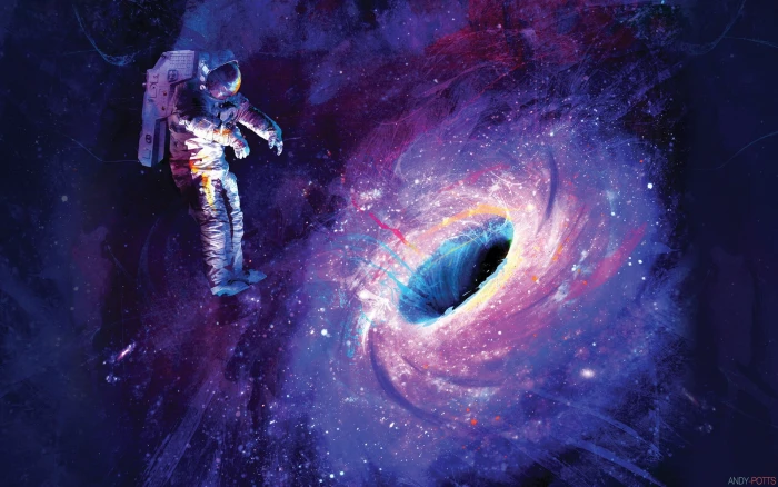 astronaut near black hole digital wallpaper artwork space art 2k