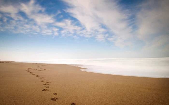beach sky footprints clouds sea sand land scenics nature 2k