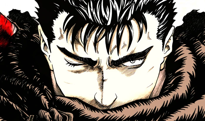 Berserk Guts illustration anime Kentaro Miura close up indoors 2k