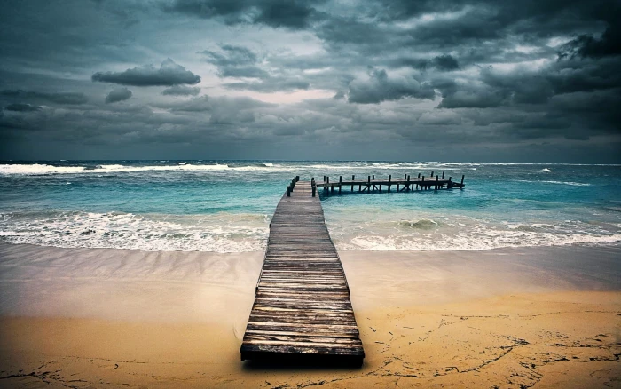 brown wooden dock on beach nature landscape sand sea waves 2k