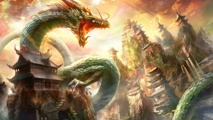 green dragon illustration digital art fantasy nature Chinese architecture 2k