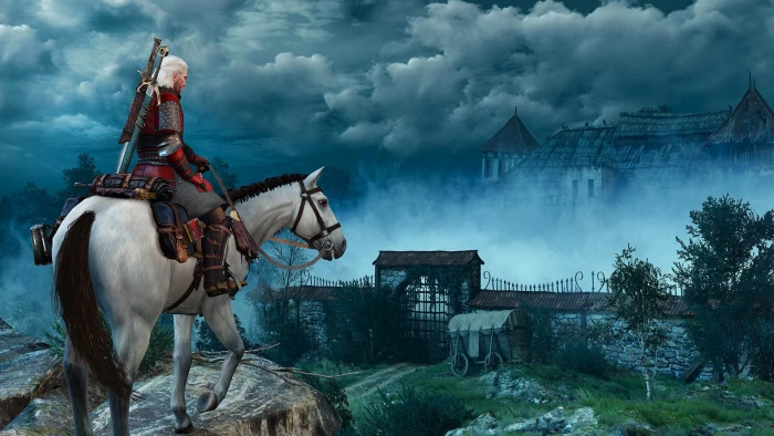 man riding white horse on cliff painting The Witcher 3 Wild Hunt 2k