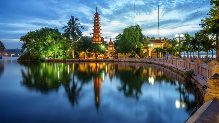 nature landscape sky trees lights lake temple Vietnam 2k