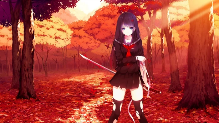 purple haired female anime character sword katana school uniform 2k
