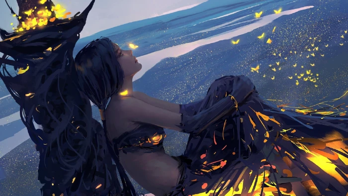 woman sitting on grass field digital wallpaper WLOP painting 2k