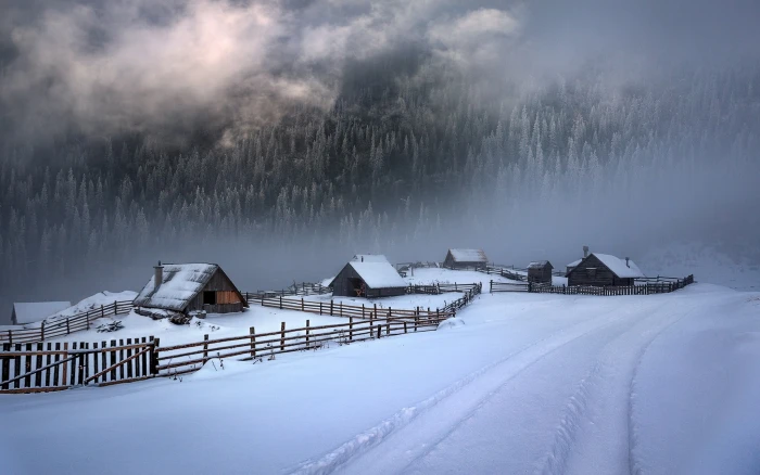 wooden house covered with snow nature landscape white cold 2k