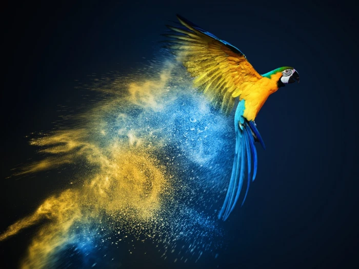 yellow and blue macaw photo manipulation parrot smoke oil painting 2k
