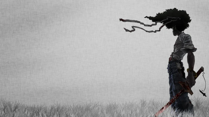 illustration of swordsman Afro Samurai anime katana full length 2k