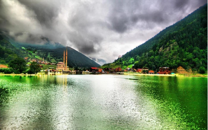 Lake Town Of Uzungol Turkey Hdr mountains mosque nature and landscapes 2k