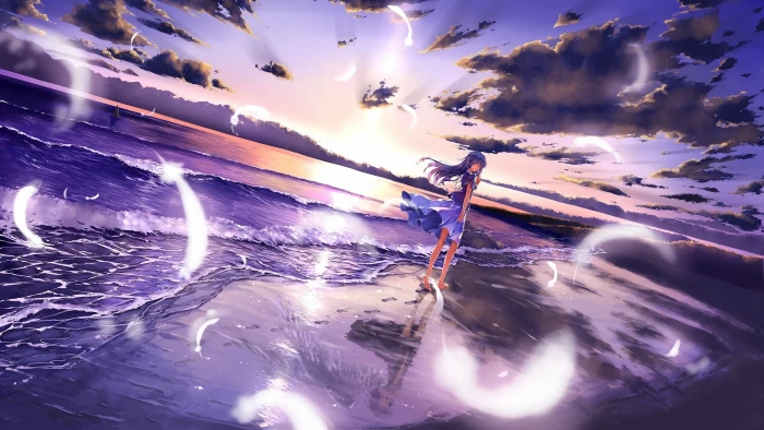 anime girls original characters beach cloud sky water 2k