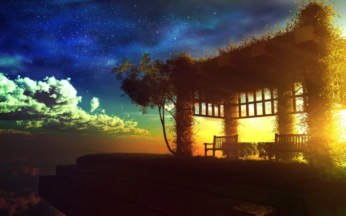 Anime Sunset Beautiful Scenery Pavilion 2k