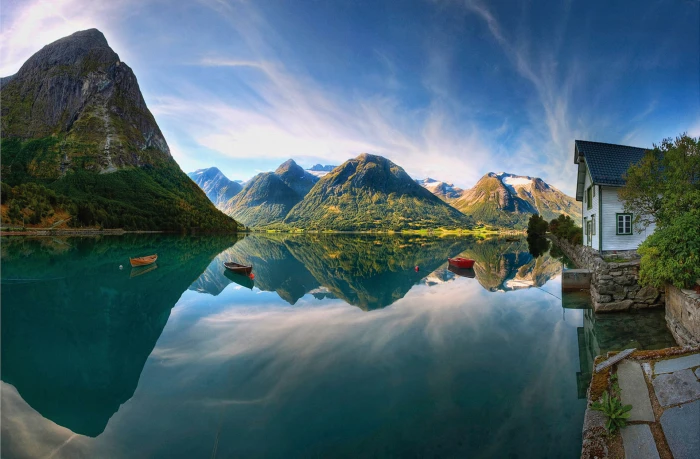 body of water mountains lake reflection nature boat house 2k