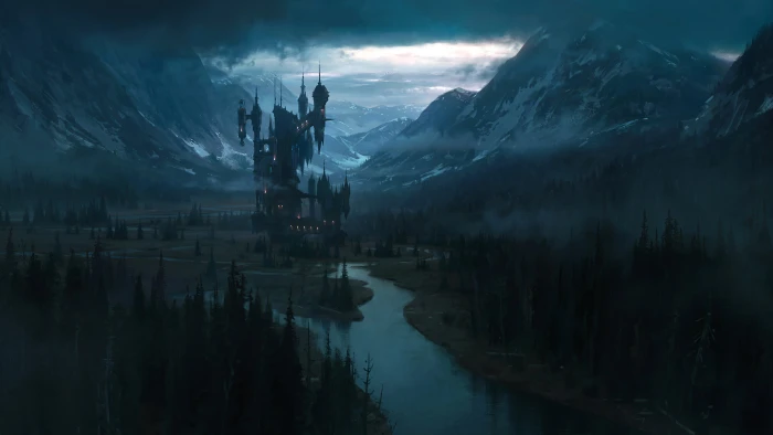 castle landscape fantasy art mountains nature dark artwork 2k 4k